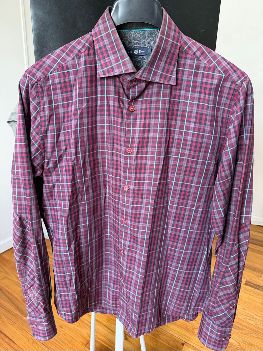 Stone Rose Burgundy and Light Blue Plaid Button-Down Shirt